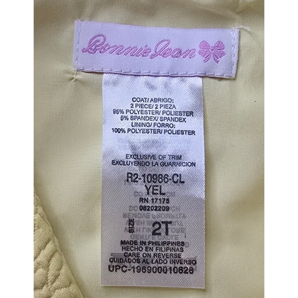 Toddler Bonnie Jean Yellow Pea Coat Size 2T - Picture 4 of 4